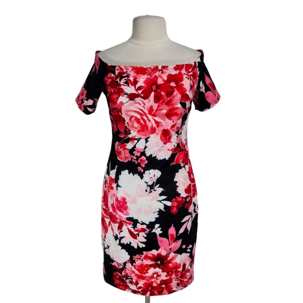 Calvin Klein Womens Sheath Knee Length Dress Size 12 Red Floral Boat Neck  195P